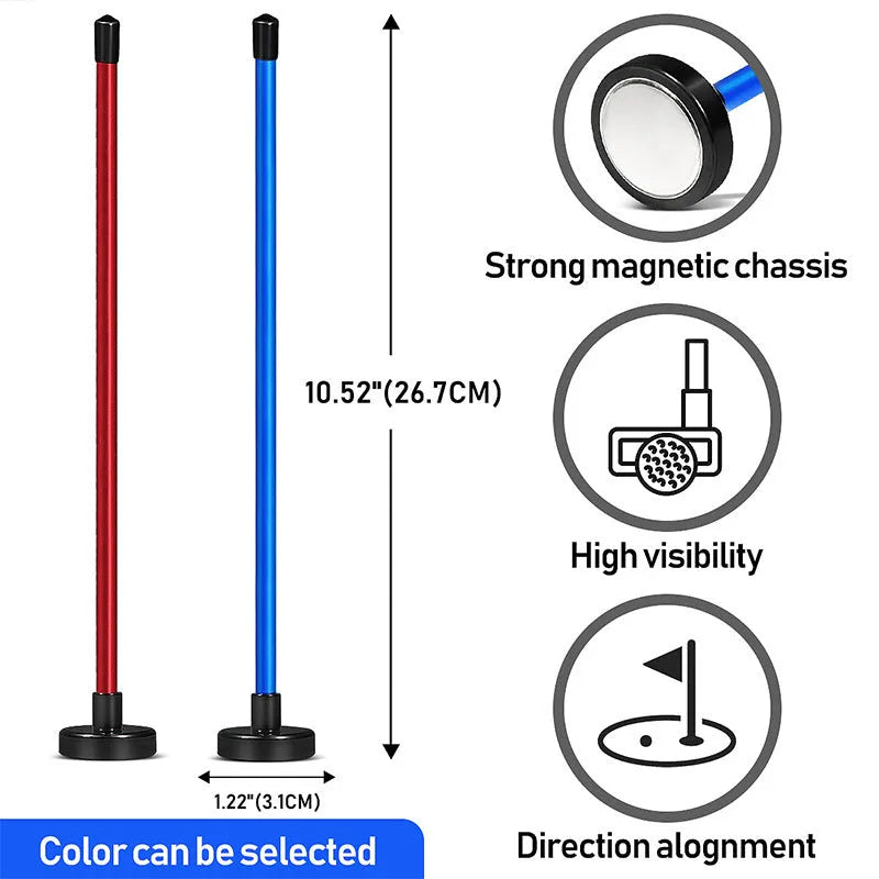 Red and blue magnetic golf swing alignment trainer on practice mat