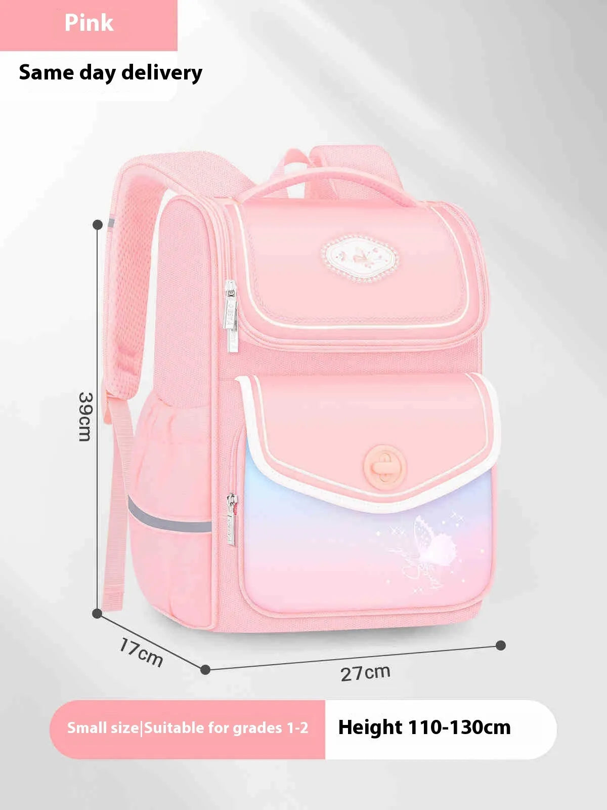Pink waterproof Oxford cloth school backpack for girls, designed for primary school years 1 to 6.
