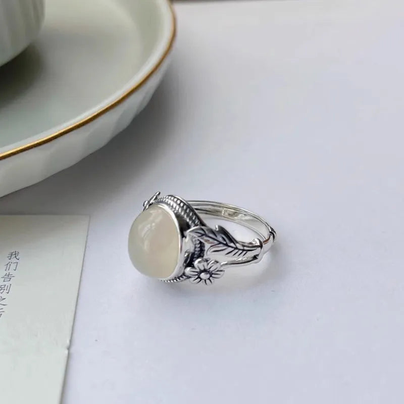 Copper adjustable open mouth vintage ring with white chalcedony imitation stone and U-shaped design