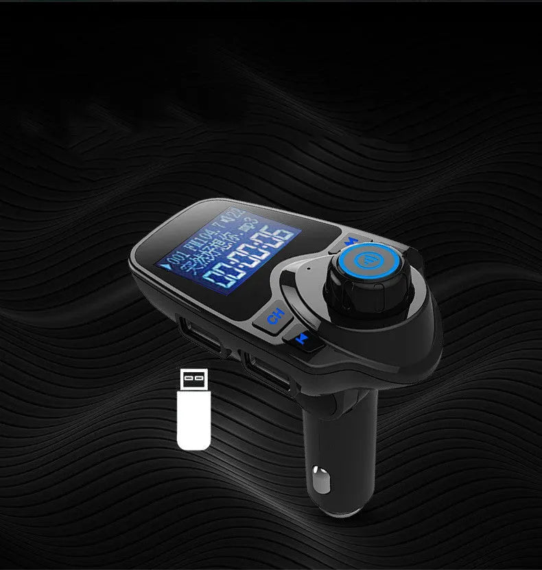 Black car Bluetooth FM transmitter and hands-free kit plugged into a 12V socket.