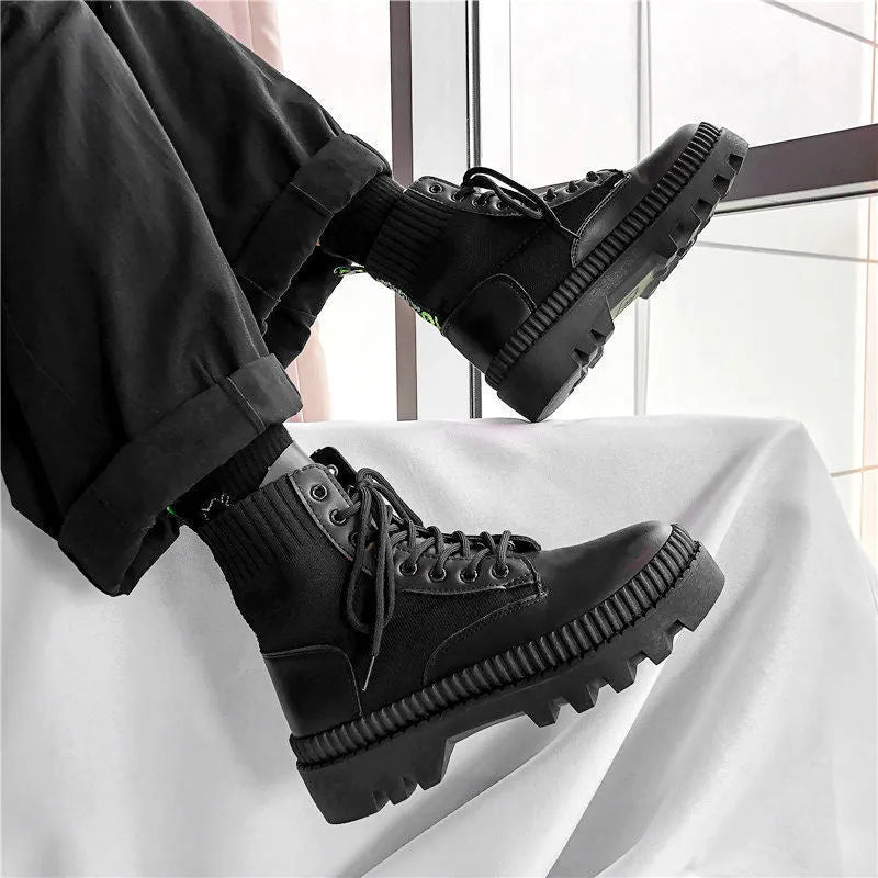 Men's black platform Dr. Martens boots with frosted leather, 8-hole high-top design, lace-up front and side zipper