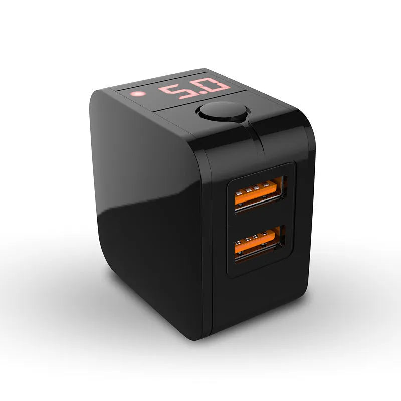 5V2A dual USB fast travel charger with digital display shown in black, next to EU and US plug options.