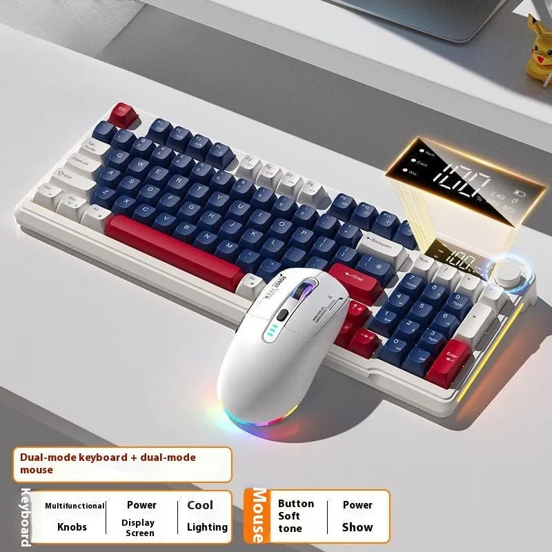 Wireless mechanical-feel keyboard and mouse in a two-tone colour option, showing Type-C cable and connectivity switches.