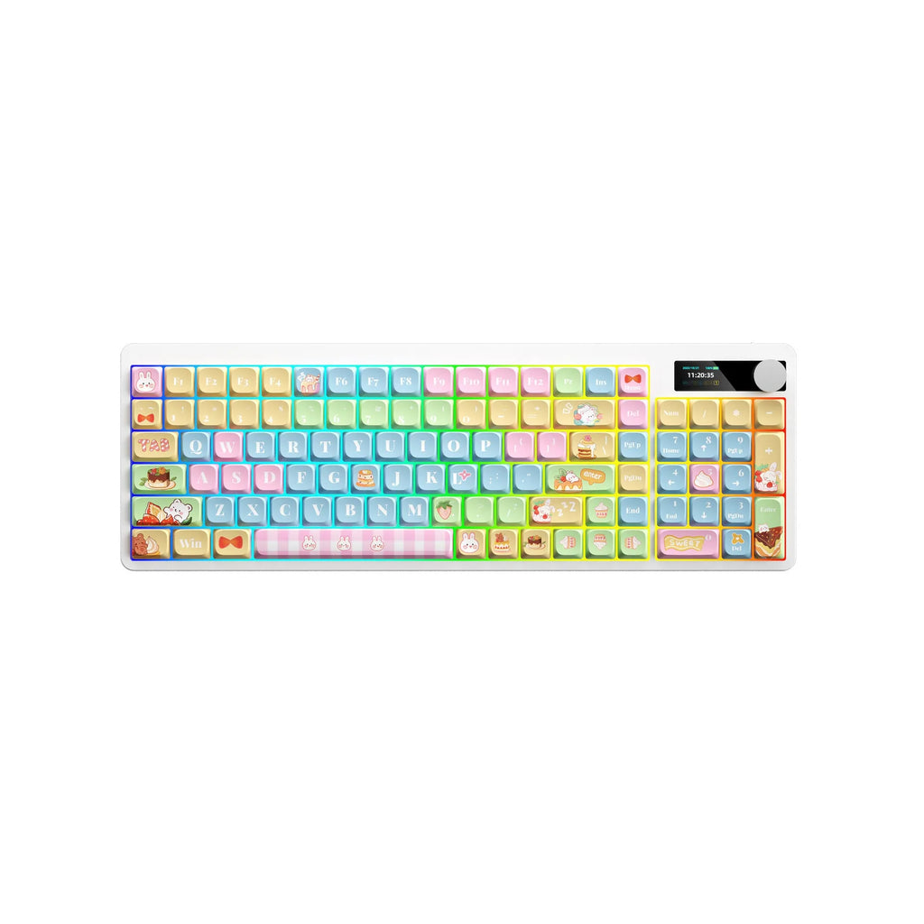 Black Iron Cow themed mechanical keyboard with RGB backlighting on a desk next to a laptop.