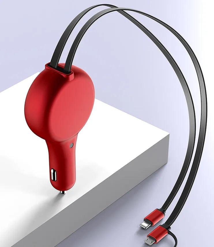 Black retractable car charger with extended cables showing QC3.0 and PD charging heads