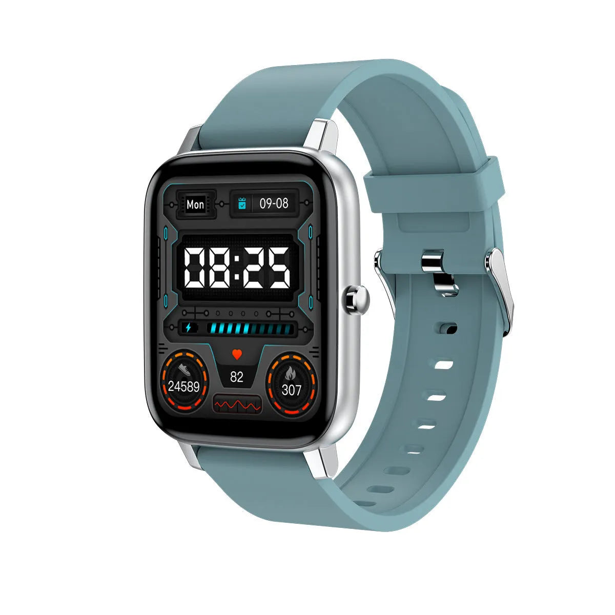 H80 Fashion Sports Smart Watch with black silicone strap and 1.69-inch touch screen displaying heart rate data.