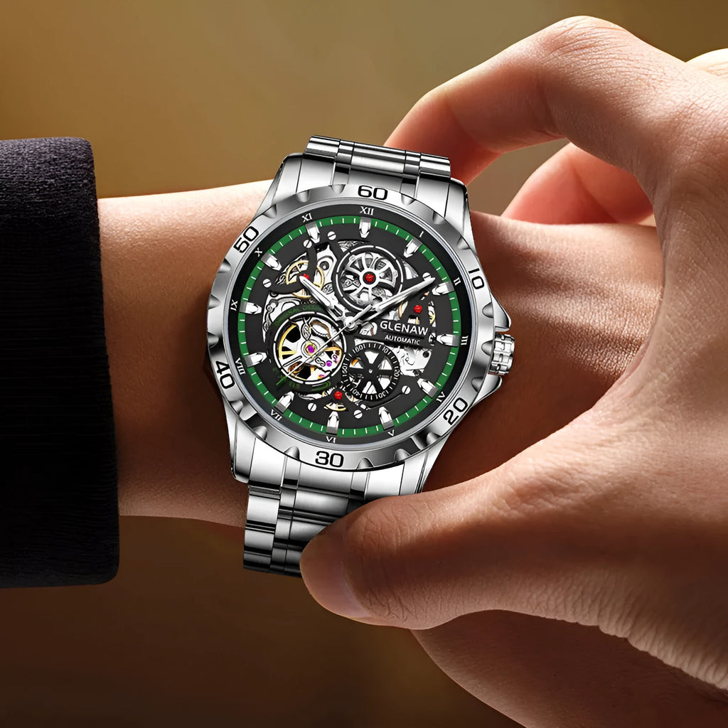 Men's automatic mechanical watch with hollow-out design showing movement through transparent back