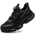 Low-top Flyknit safety work shoes with front lacing and a steel toe cap in black grey colour.