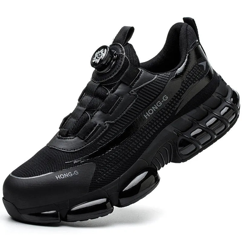 Low-top Flyknit safety work shoes with front lacing and a steel toe cap in black grey colour.