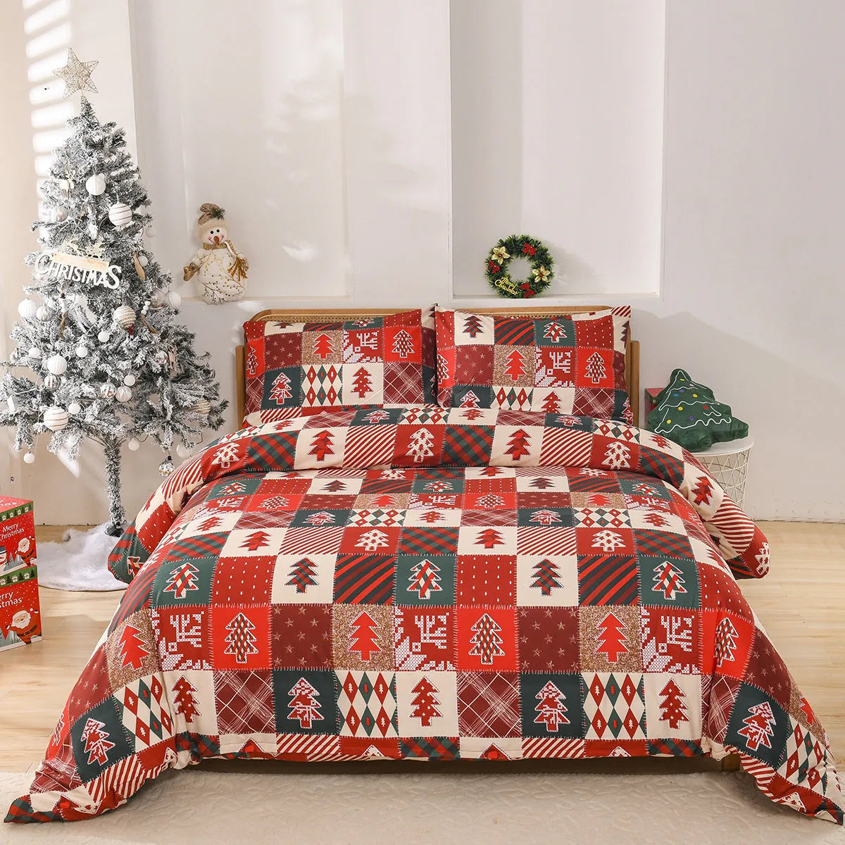 Red and white plaid Christmas bedding three-piece set including quilt cover and pillowcases