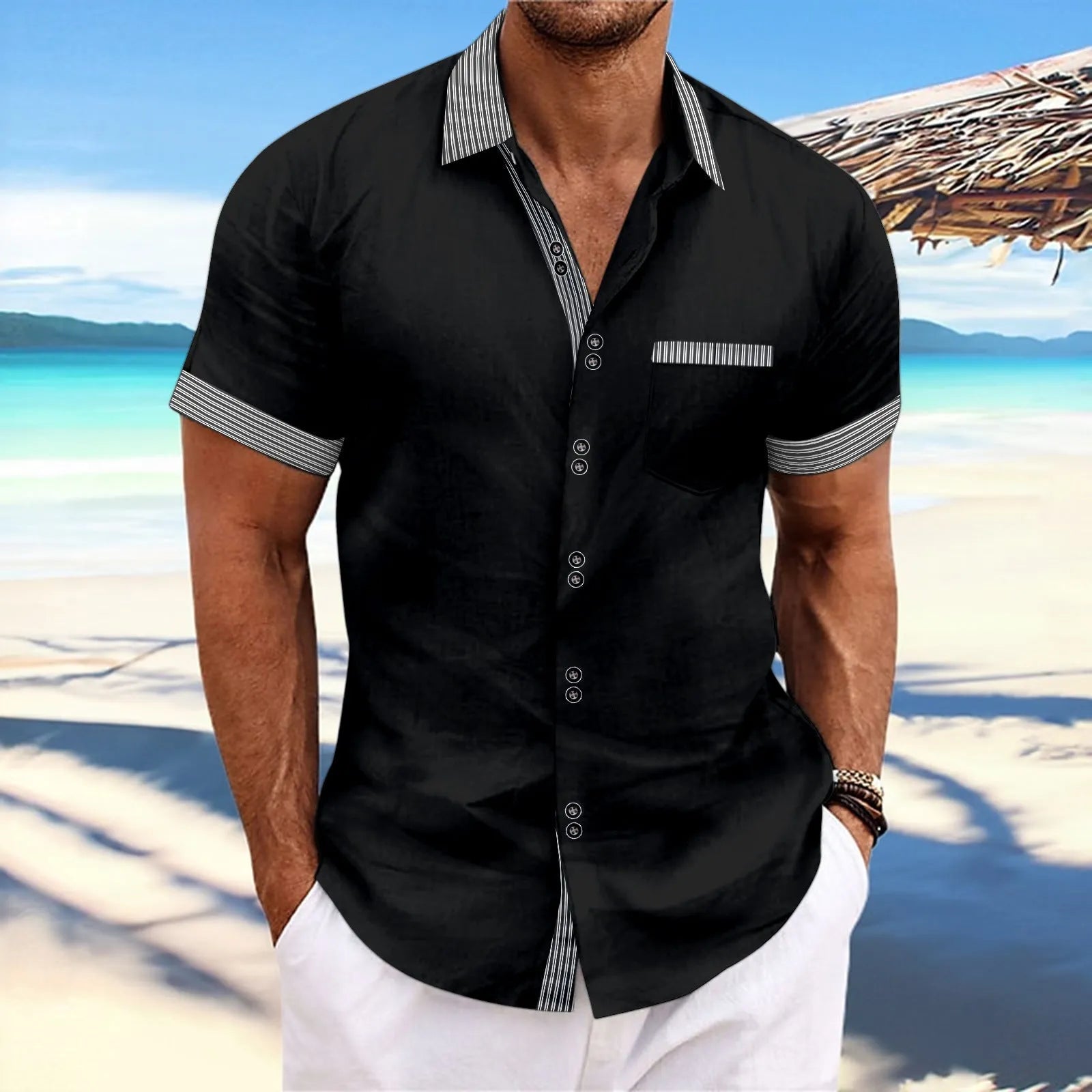 Man wearing a slim fit striped casual shirt with double button short sleeves in pure cotton.
