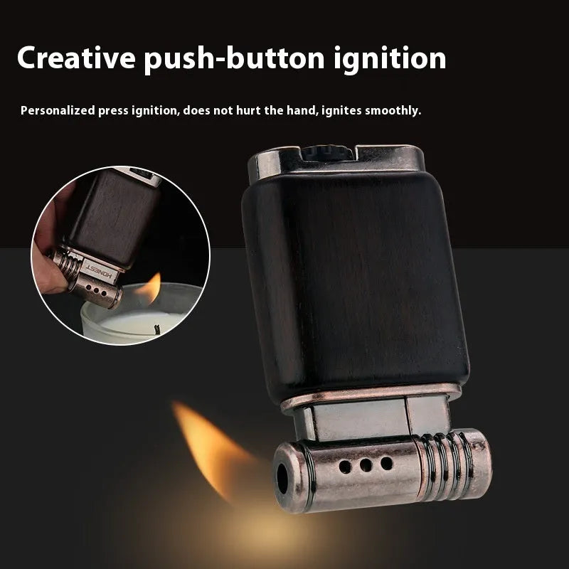 Decorative gas lighter with wood finish options including black wood, rosewood, and red wood styles