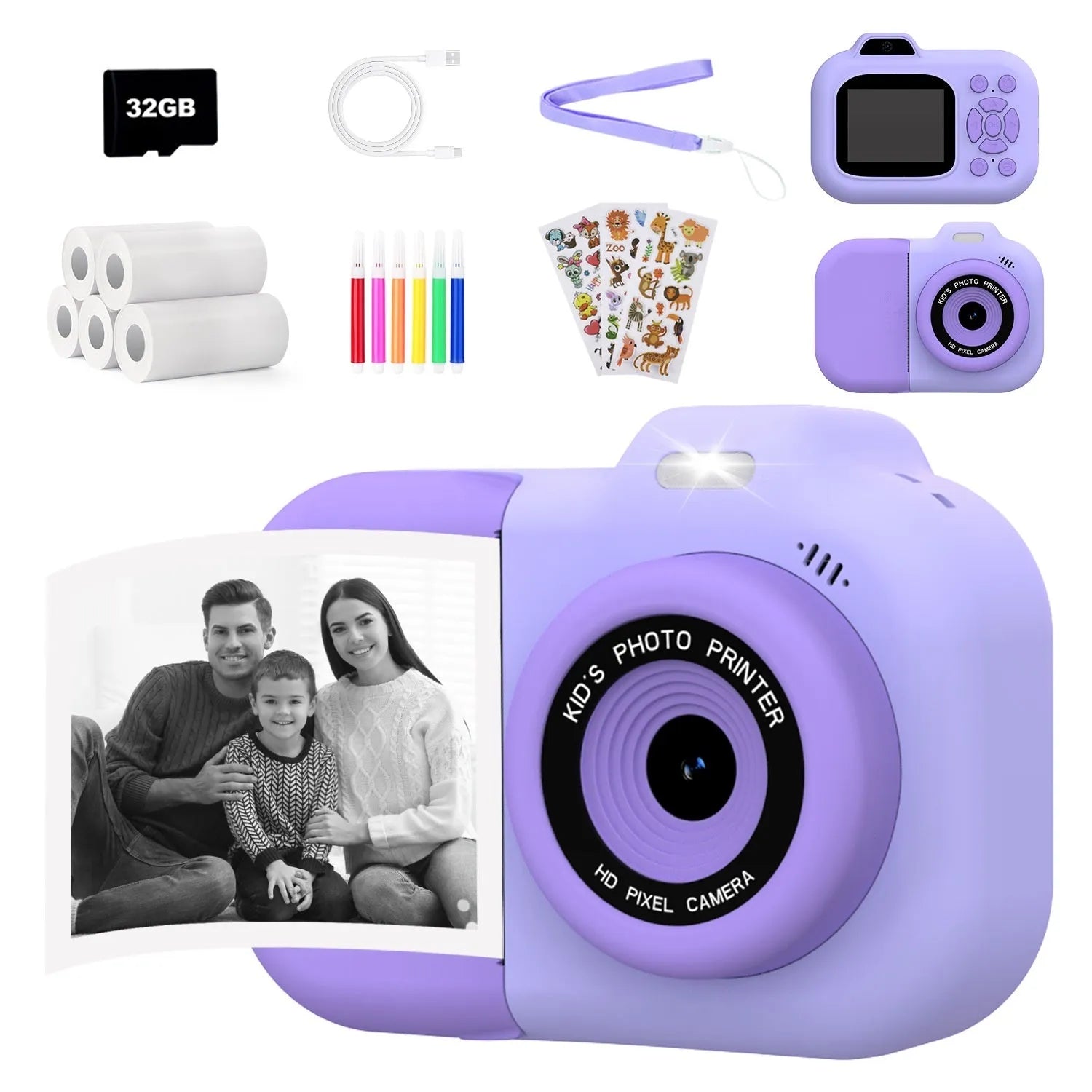 Children's plastic camera toy in blue pink or purple with video recording photography games sticker functions