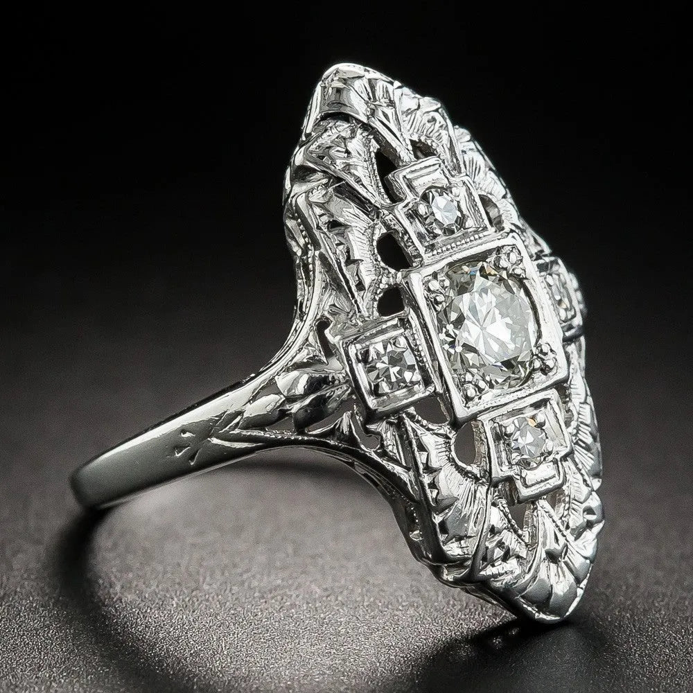 Copper ring with electroplated silver finish, hollow out geometry design and diamond studs