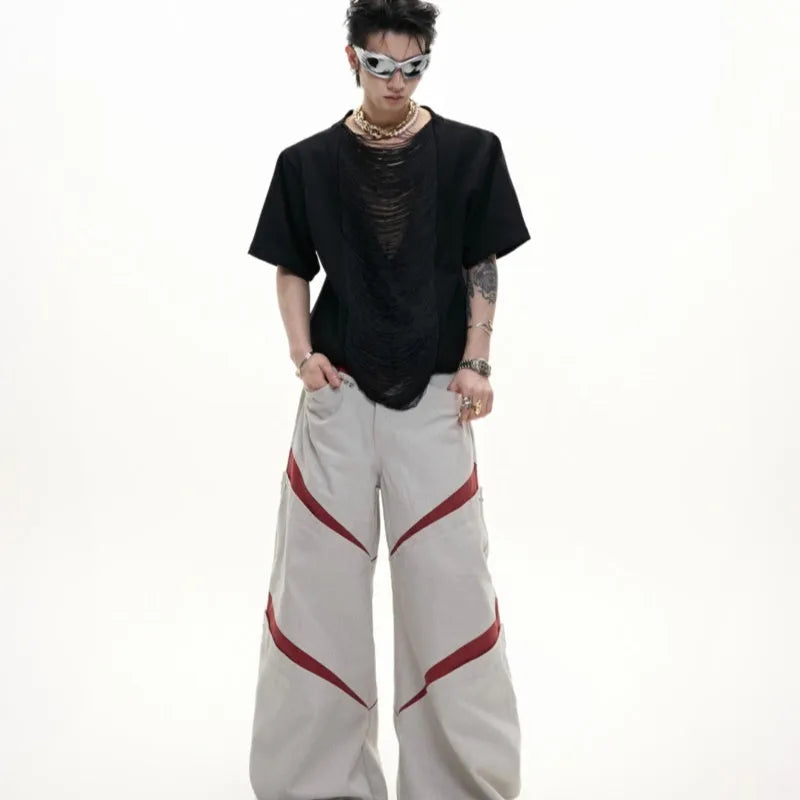 Men's loose-fit black polyester t-shirt with three-dimensional cutting and short sleeves