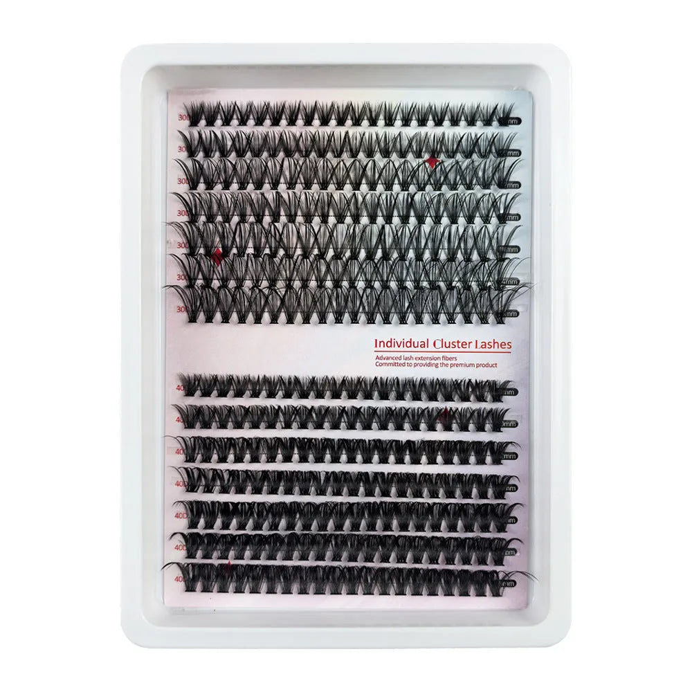 A high imitation material box containing a mix of false eyelashes, showing the product's size and organisation.
