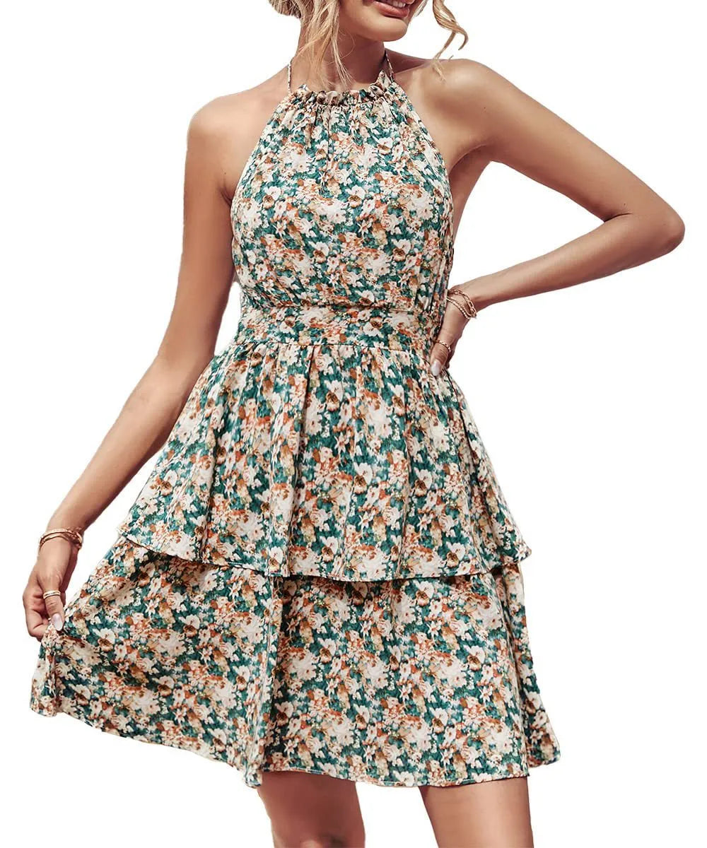 Women's backless halter dress with ruffled A-line skirt in a boho print