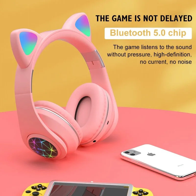 Cat ear wireless sports Bluetooth headset in various colours showing head-mounted design and earpieces