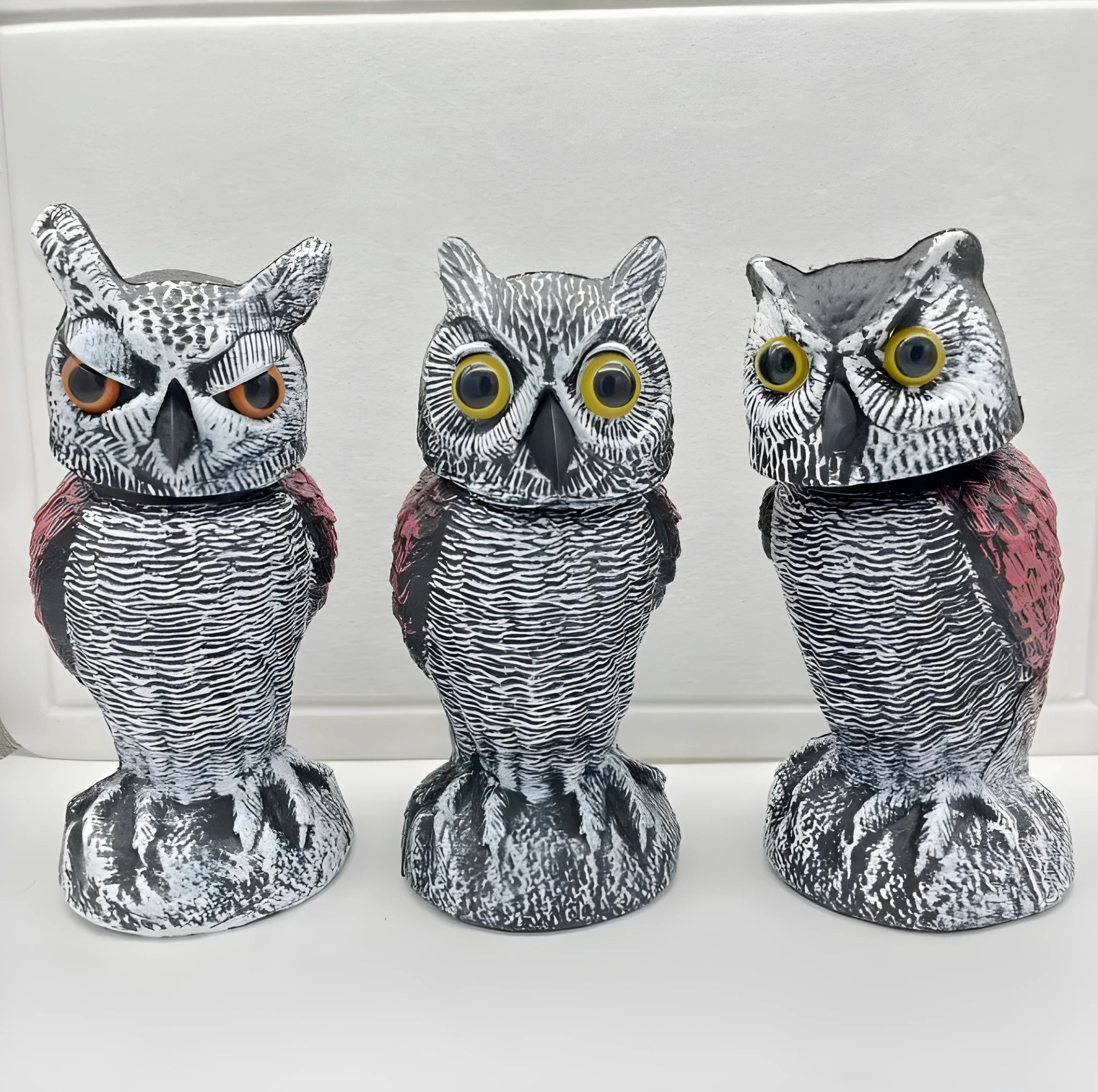 Artificial owl bird scarer ornament with motion features for outdoor garden pest control