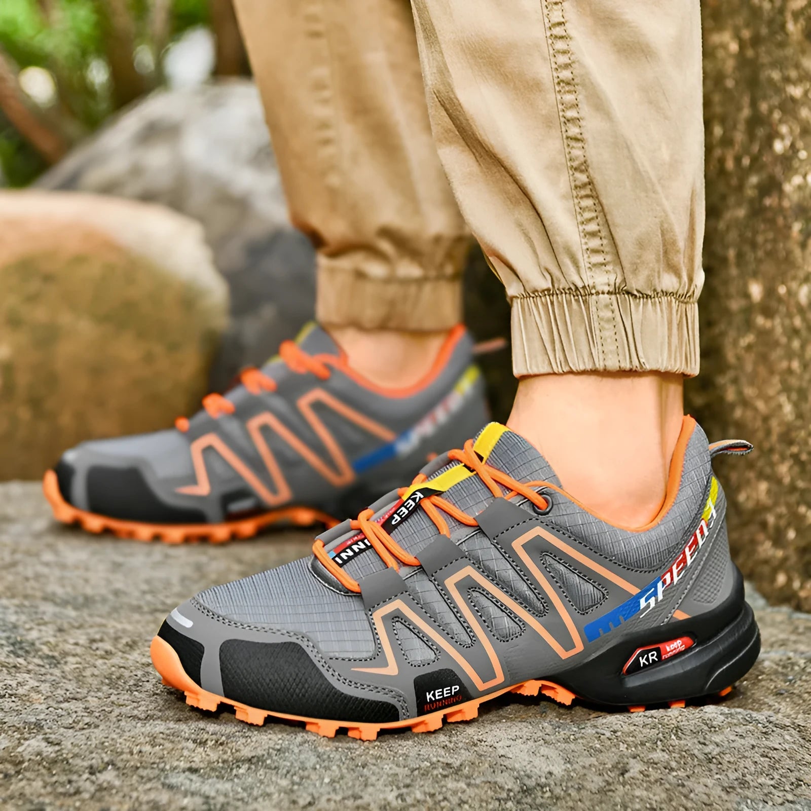 Men's grey orange plus size casual shoes with synthetic leather upper and low rubber sole