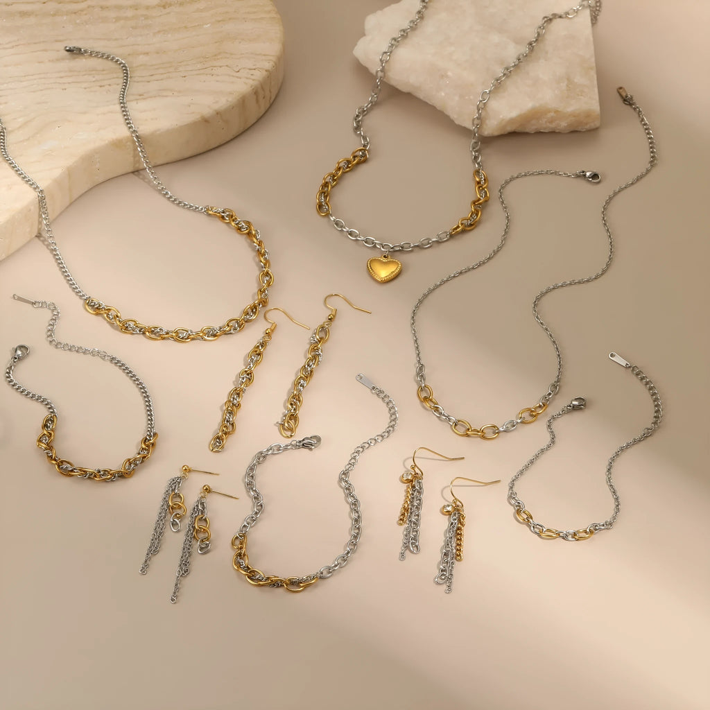18K gold and silver stainless steel geometric chain jewellery set with necklace earrings and bracelet for women