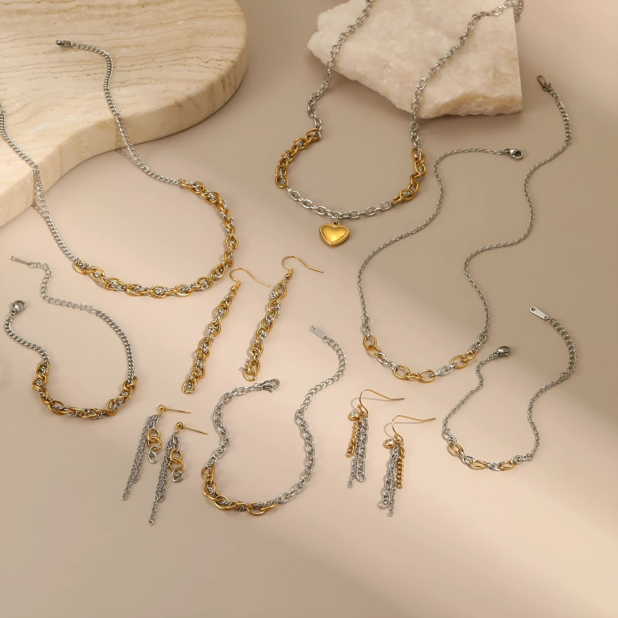 18K gold and silver stainless steel geometric chain jewellery set with necklace earrings and bracelet for women