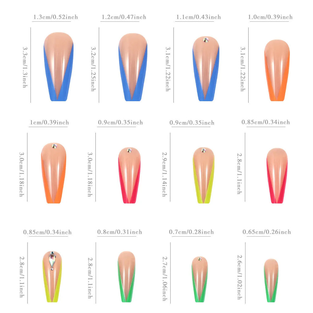 Detachable artificial nail tips with red cartoon love heart and cross design on diamond French colour background.
