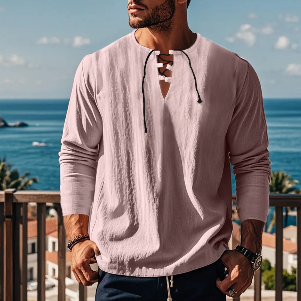 Men's solid colour cotton linen beach ruff pullover shirt in loose fit