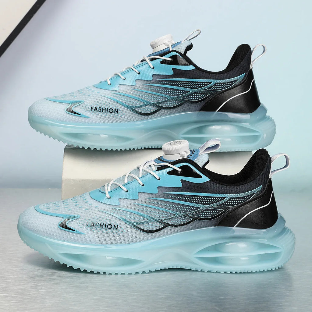 Casual breathable running shoes in sky blue, black gold, or white with mesh upper and rubber sole