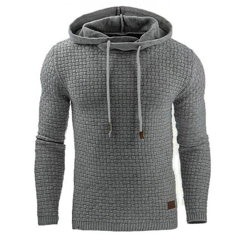 Men's black hoodie sweater made from cotton and polyester blend fabric.