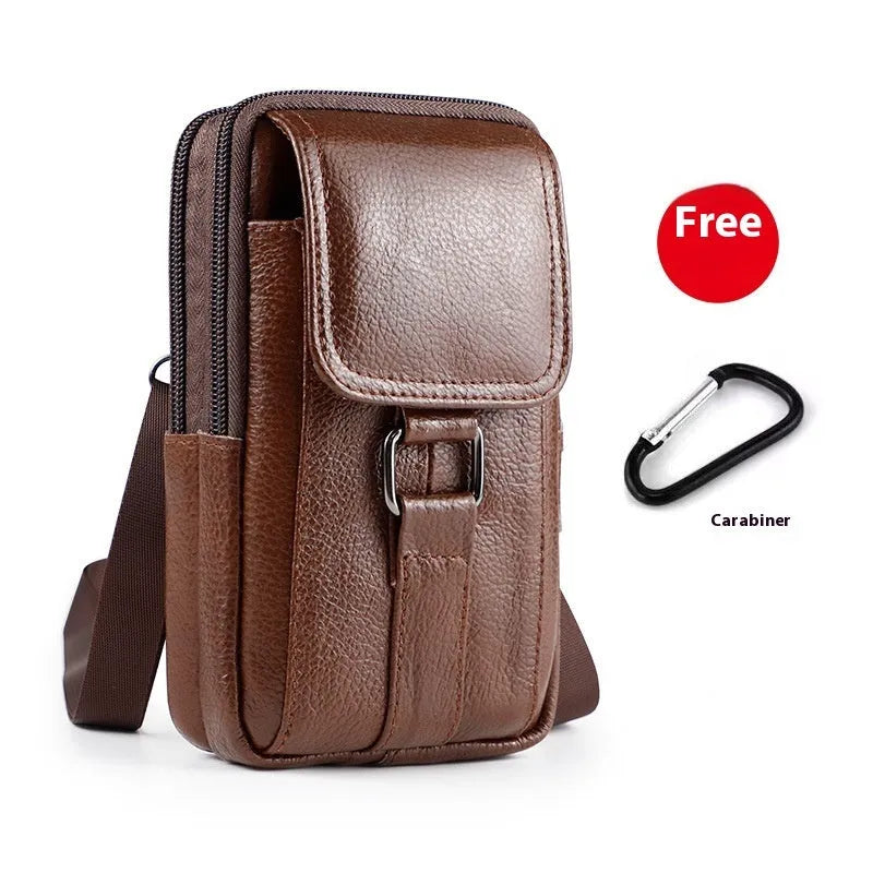 Men's black genuine leather belt crossbody waist bag with lock detail and urban style