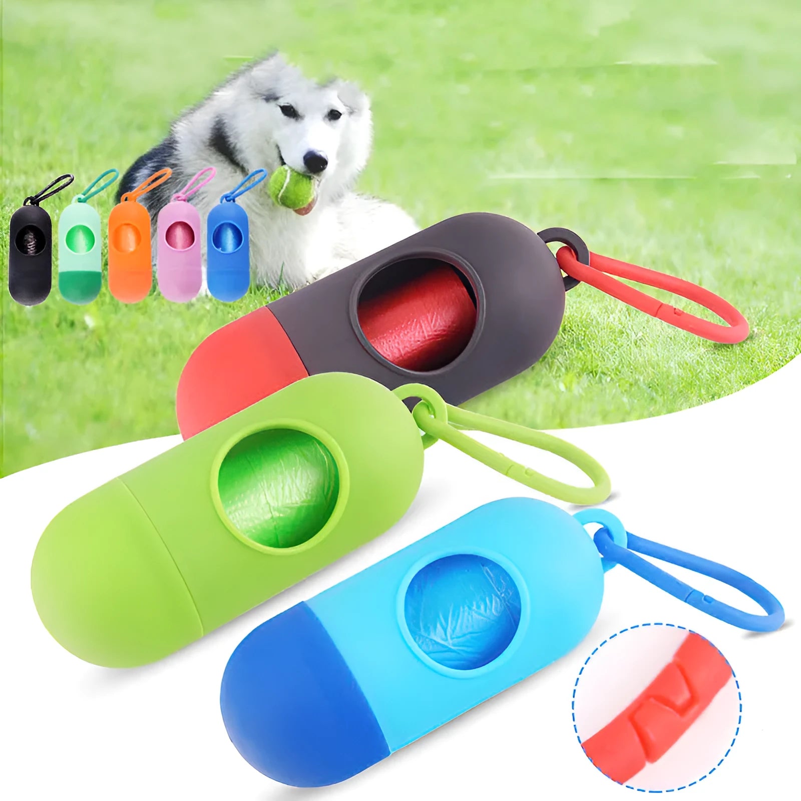 Small square dog waste bag dispenser with a metal side hook, shown in various colours.