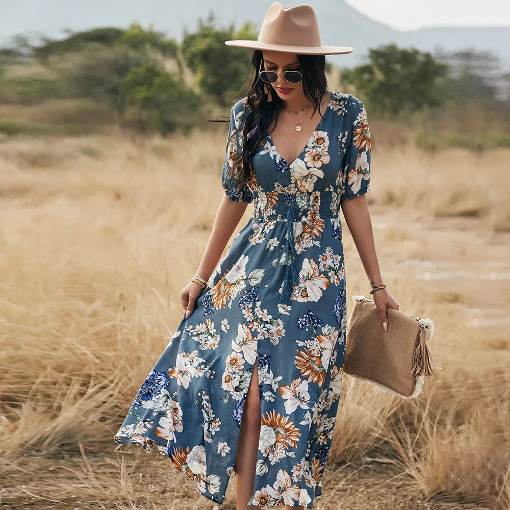 Women's floral print V-neck dress with elastic high waist and short sleeves in yellow
