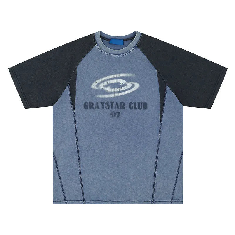 Men's blue raglan sleeve t-shirt with large white letter print in loose fit style