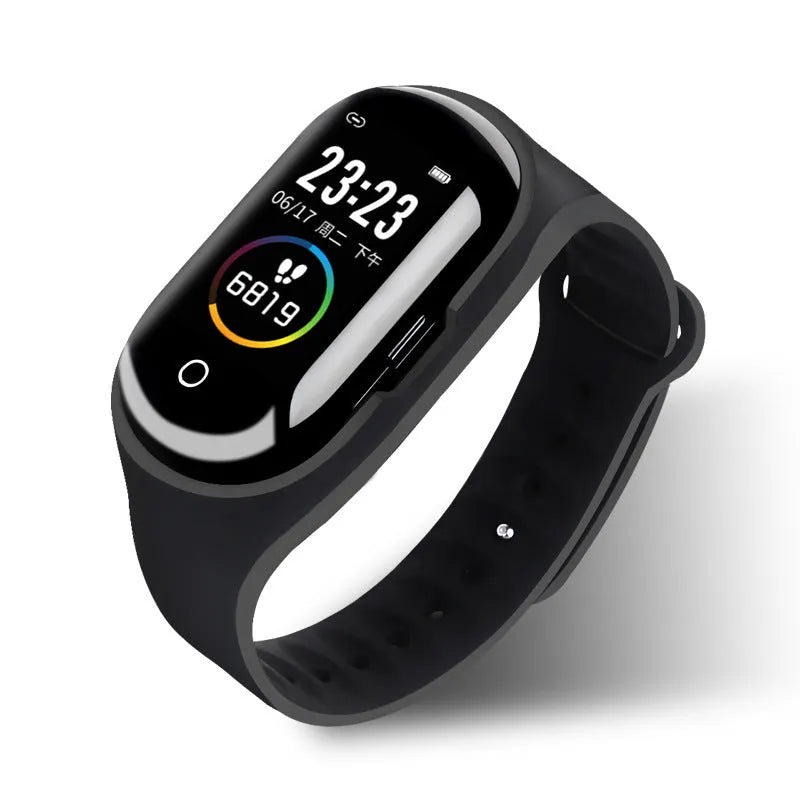 Smart bracelet and earphone combo with silicone wristband in choice of colours showing 1-inch screen