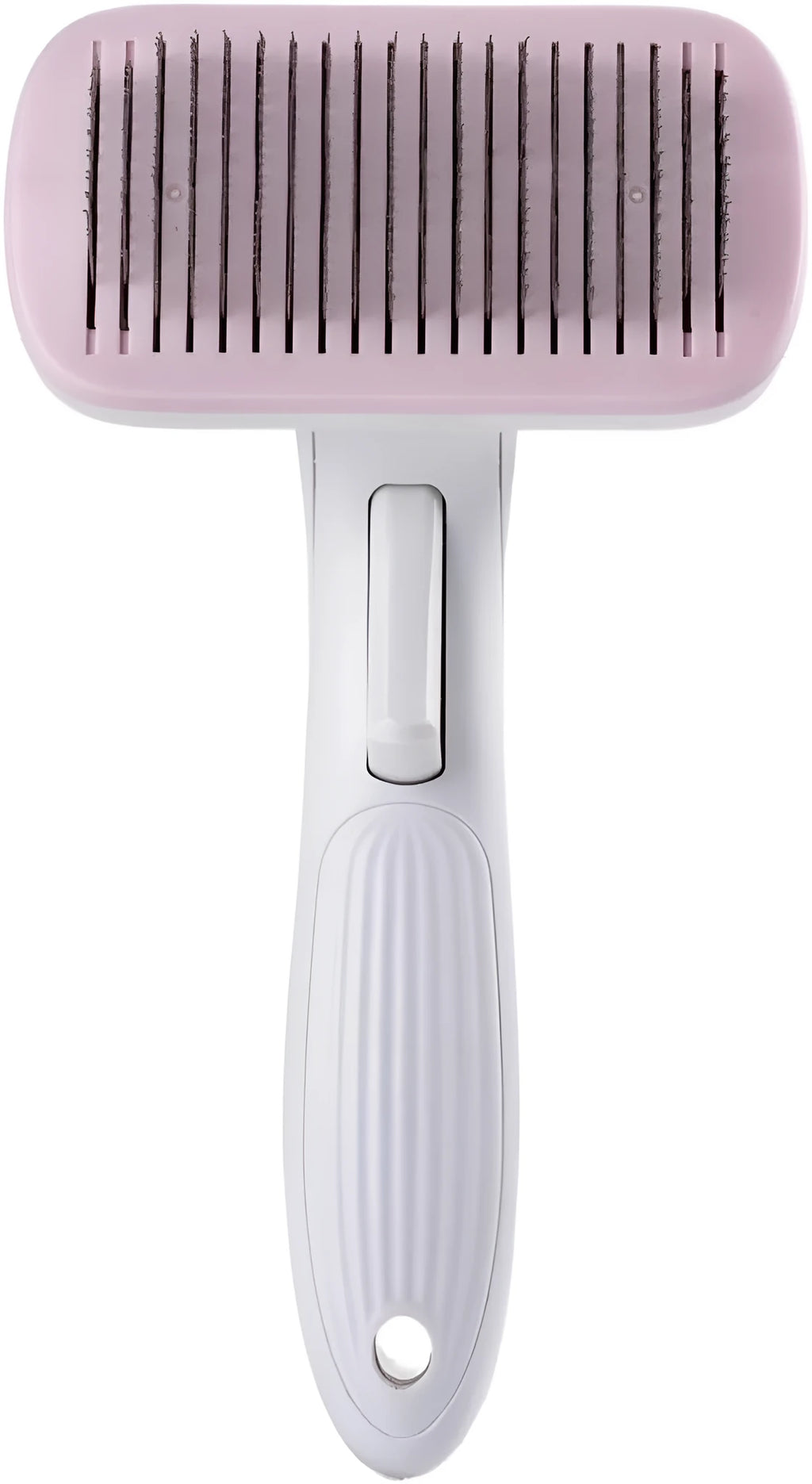 Automatic pet hair removal comb for dogs and cats in blue, grey, green, or pink with one-click needle technology