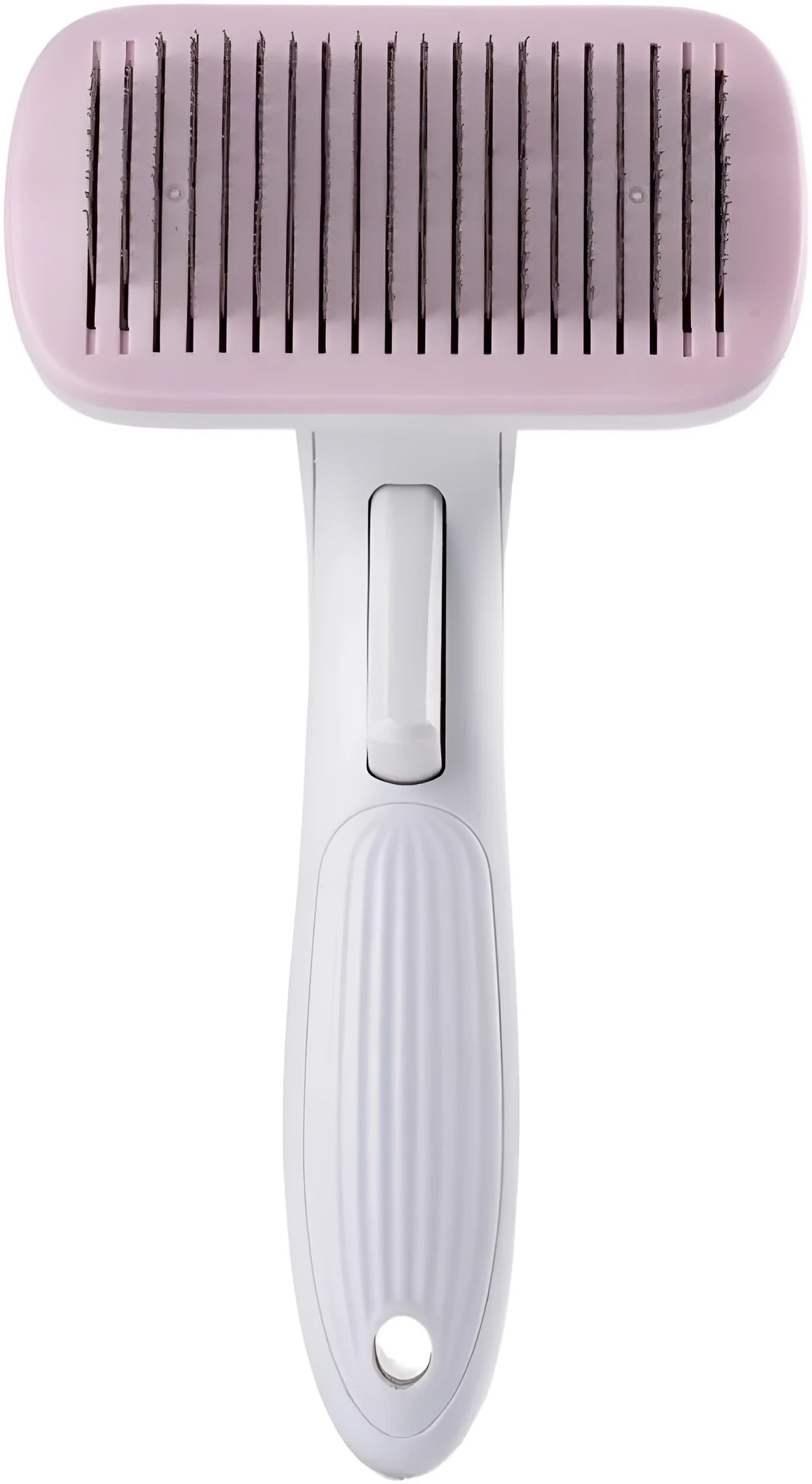 Automatic pet hair removal comb for dogs and cats in blue, grey, green, or pink with one-click needle technology