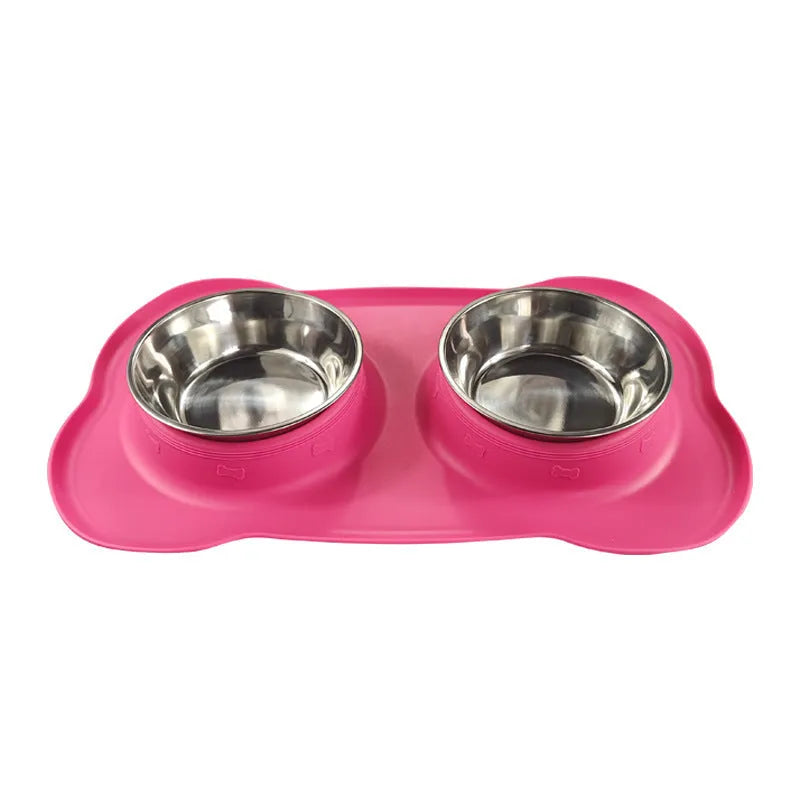 Large double pet bowl with stainless steel inner and silicone outer in black, blue, pink, silver gray or sky blue