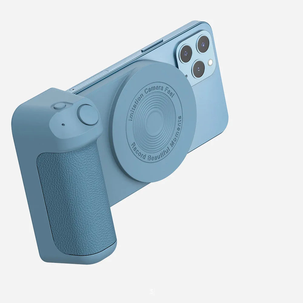Black magnetic phone holder with ergonomic camera-style grip showing rotatable stand function