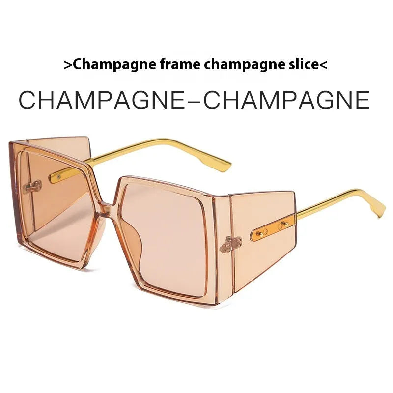 Large square frame sunglasses in seven colours: black, blue, champagne, green, hawksbill, orange, and white.