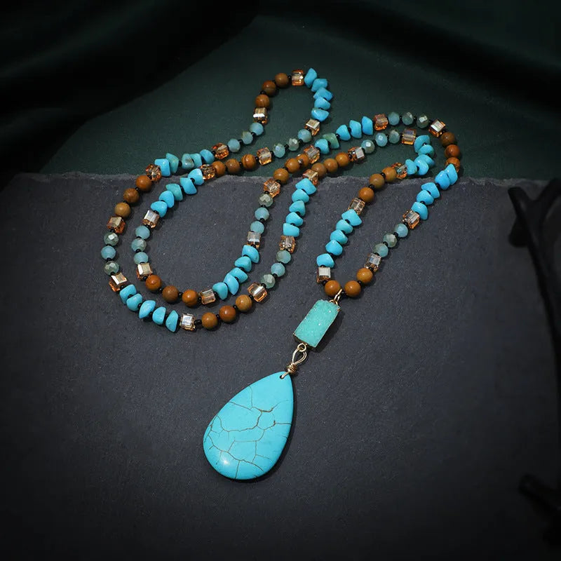 Blue turquoise heart-shaped drop pendant necklace on a long ball bead chain