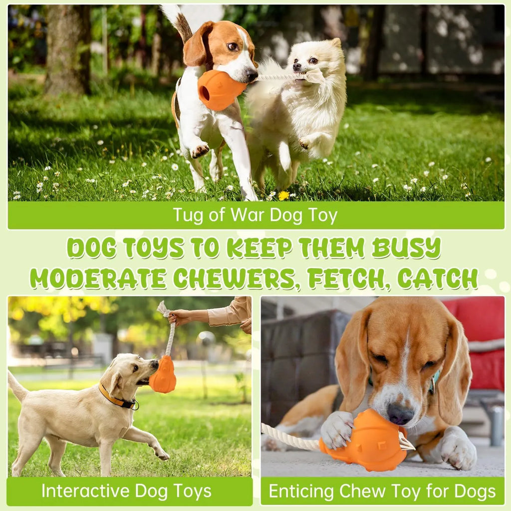 Natural rubber interactive dog toy with treat hole and strap for small and medium breed dogs