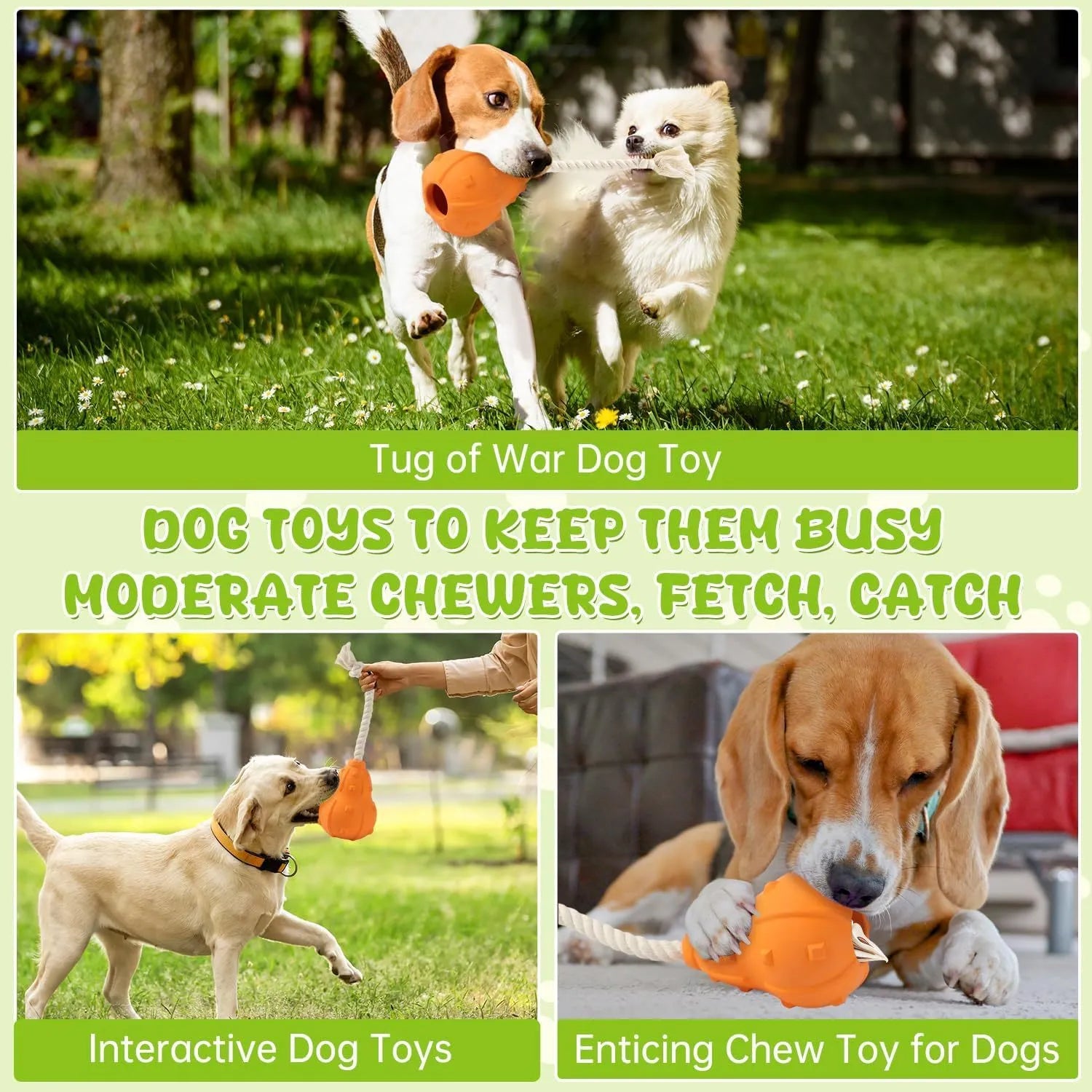 Natural rubber interactive dog toy with treat hole and strap for small and medium breed dogs
