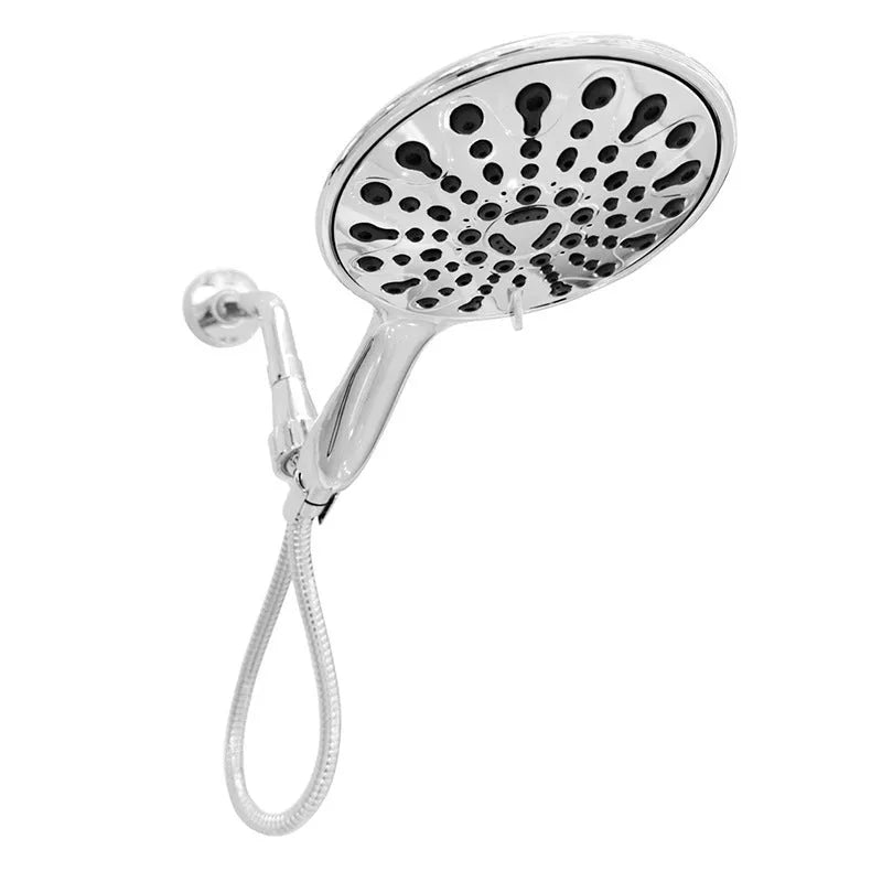 Six-function handheld shower head with chrome finish and 6-inch diameter
