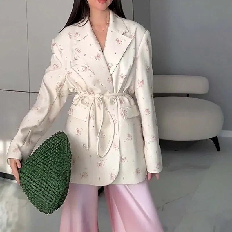 Women's collar lace-up waist-tight suit jacket in satin polyester, shown in apricot colour.