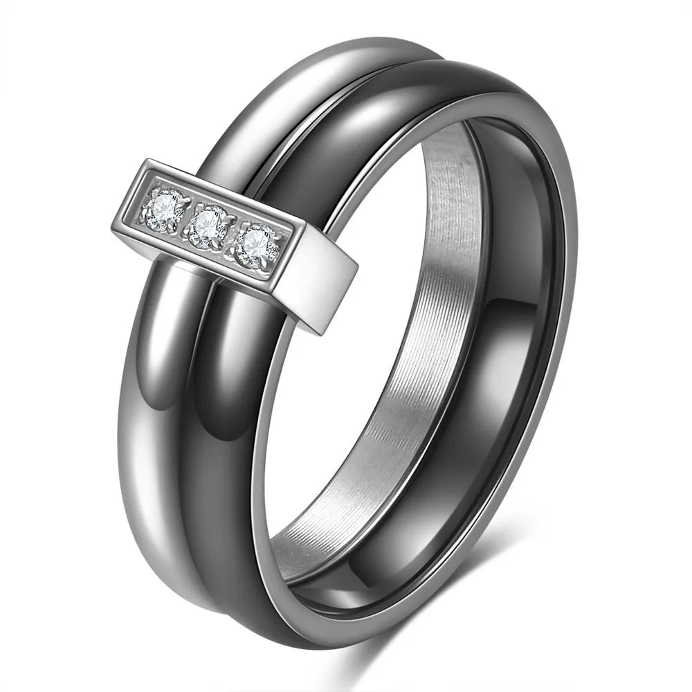 Ceramic geometric ring with glossy stitching inlaid zirconium in steel black colour
