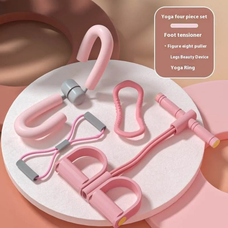 Yoga four piece fitness set with leg beauty device, yoga ring, pedal tension device, and figure eight tension rope