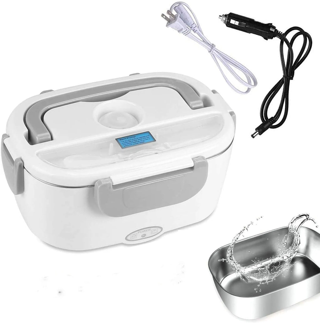 Grey electric lunch box with dual car and home power capability, 1.2 litre capacity, and choice of stainless steel or plastic inner tank