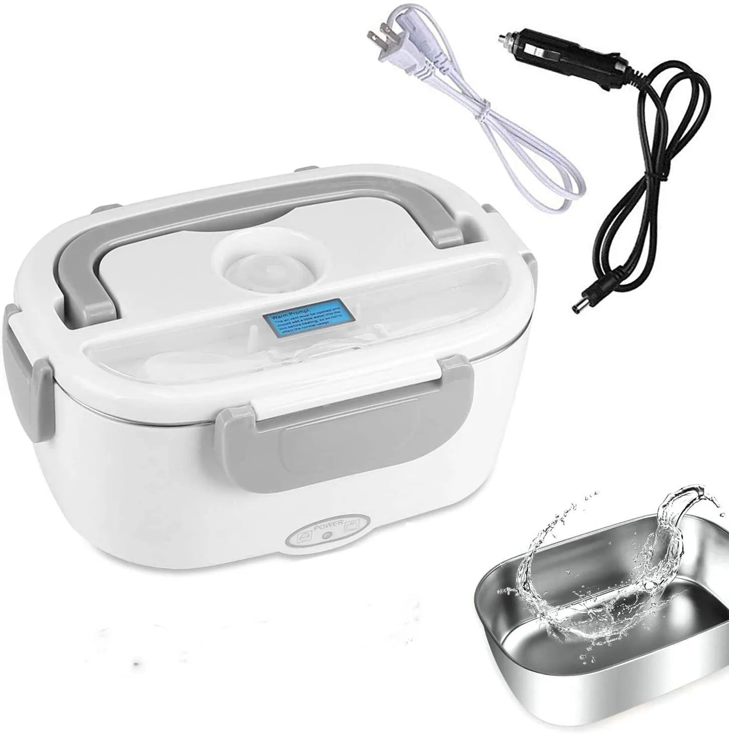 Grey electric lunch box with dual car and home power capability, 1.2 litre capacity, and choice of stainless steel or plastic inner tank