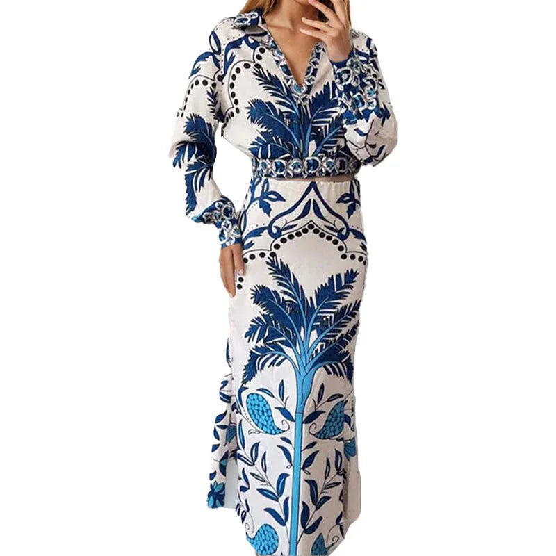Women's casual polyester two-piece outfit set with long sleeves and matching skirt in picture colour